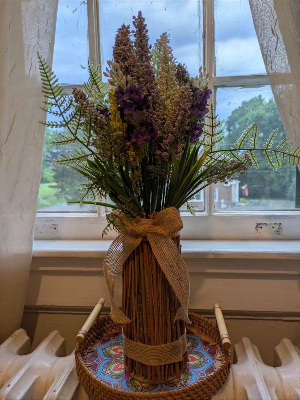 Rustic Lavender and Green Floral Arrangement with Burlap Bow